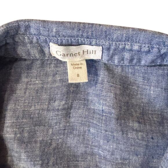 Garnet Hill Linen Short Sleeve Collared Scoop Hem Button Down Blue Womens Size 8 - Picture 3 of 6